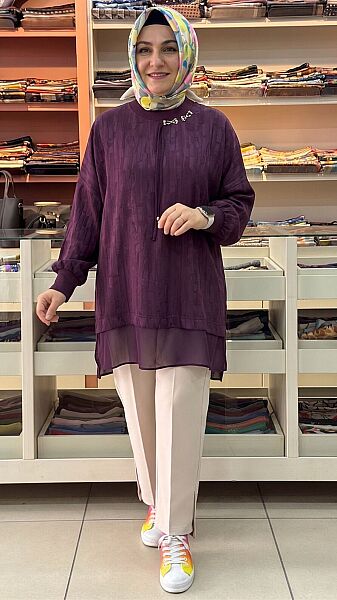 Aksesuarlı Şifon Tunik Mor/ 4085 