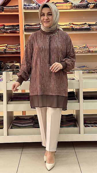 Aksesuarlı Şifon Tunik Kahve / 4085