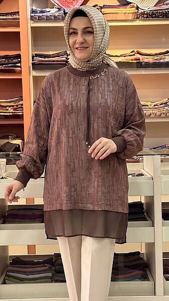 Aksesuarlı Şifon Tunik Kahve / 4085