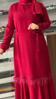 Alt Kısmı Fırfırlı Tüy Detaylı Elbise Kırmızı / 8203 - Thumbnail