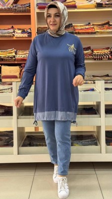 Altı Büzgülü Taşlı Tunik İndigo/10867 - Thumbnail