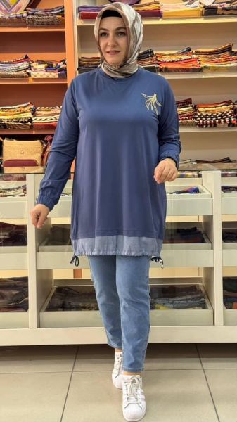 Altı Büzgülü Taşlı Tunik İndigo/10867