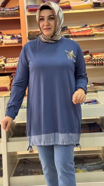 Altı Büzgülü Taşlı Tunik İndigo/10867