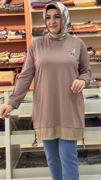 Altı Büzgülü Taşlı Tunik Vizon/10867