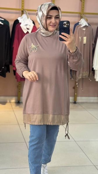 Altı Büzgülü Taşlı Tunik Vizon/10867