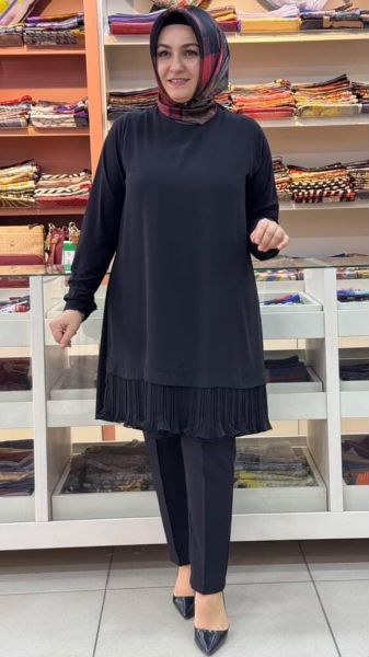 Altı Piliseli Şifonlu Tunik Siyah/3275