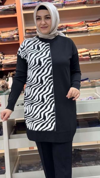 Zebra Desen Detaylı Triko Tunik Siyah / 35022