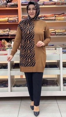 Zebra Desen Detaylı Triko Tunik Taba / 35022 - Thumbnail