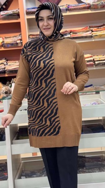 Zebra Desen Detaylı Triko Tunik Taba / 35022