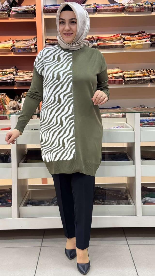  - Zebra Desen Detaylı Triko Tunik Yeşil / 35022