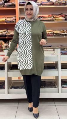  - Zebra Desen Detaylı Triko Tunik Yeşil / 35022