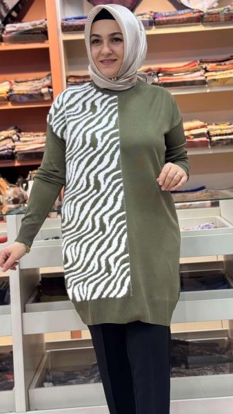 Zebra Desen Detaylı Triko Tunik Yeşil / 35022