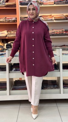 Arkası A Pile Detaylı Gömlek Tunik Bordo/2554 - Thumbnail