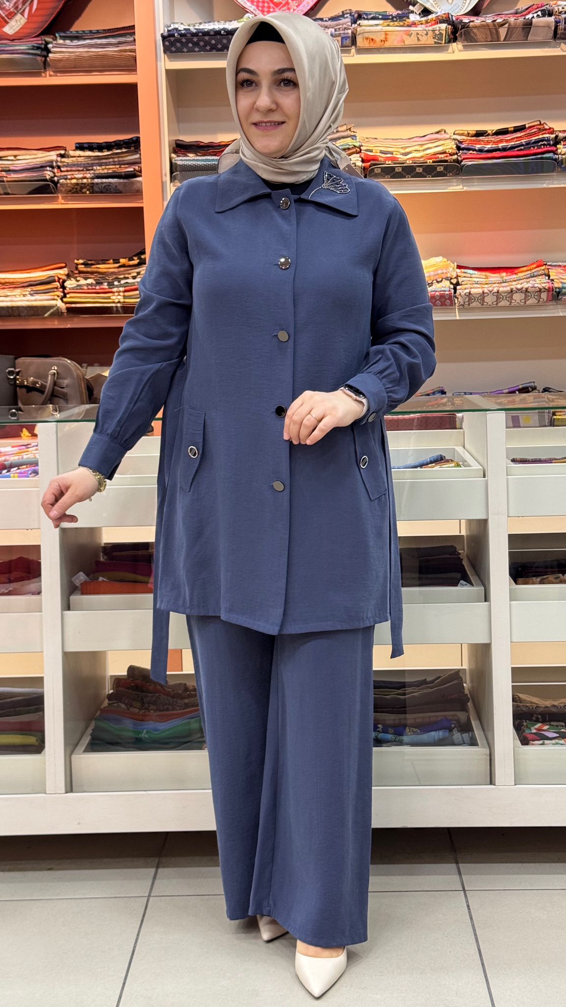 Haya - Arkası Taş İşlemeli Beli Bağlamalı Takım İndigo/1727