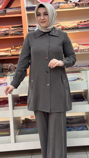 Arkası Taş İşlemeli Beli Bağlamalı Takım Kahve/1727