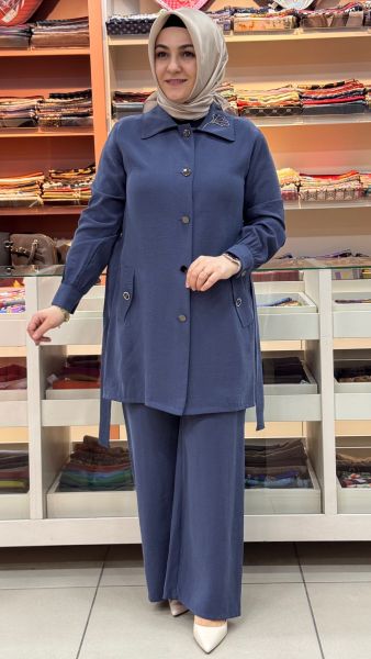Arkası Taş İşlemeli Beli Bağlamalı Takım İndigo/1727