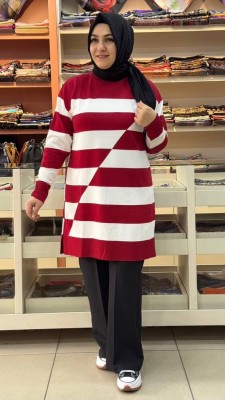 Asimetrik Çizgili Triko Tunik Kırımızı/3216 - Thumbnail