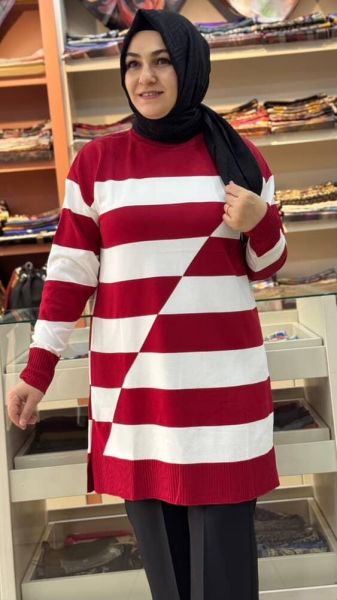 Asimetrik Çizgili Triko Tunik Kırımızı/3216