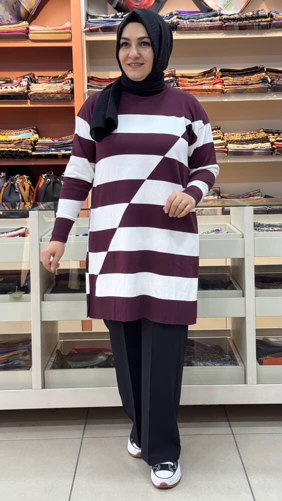  - Asimetrik Çizgili Triko Tunik Mürdüm/3216