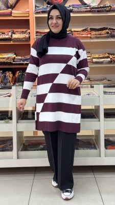  - Asimetrik Çizgili Triko Tunik Mürdüm/3216