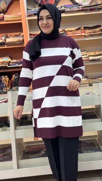 Asimetrik Çizgili Triko Tunik Mürdüm/3216