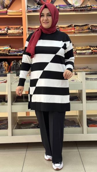 Asimetrik Çizgili Triko Tunik Siyah/3216
