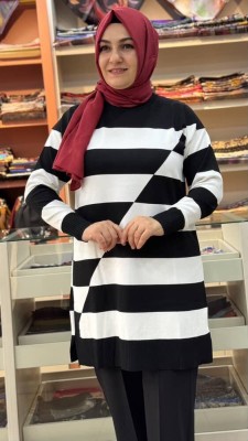 Asimetrik Çizgili Triko Tunik Siyah/3216 - Thumbnail