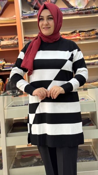 Asimetrik Çizgili Triko Tunik Siyah/3216