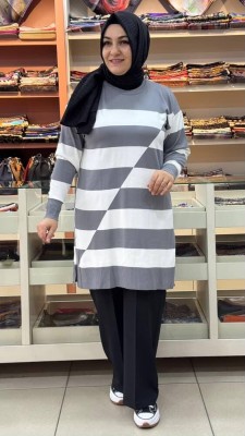 Asimetrik Çizgili Triko Tunik Gri/3216 - Thumbnail