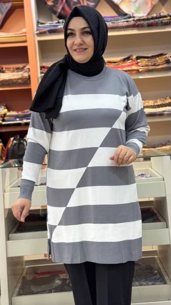 Asimetrik Çizgili Triko Tunik Gri/3216