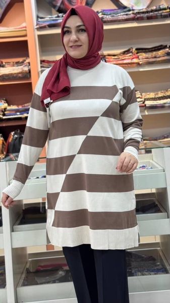 Asimetrik Çizgili Triko Tunik Krem/3216