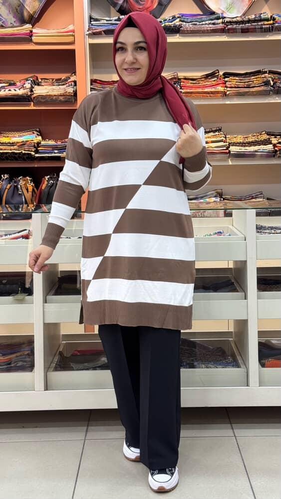  - Asimetrik Çizgili Triko Tunik Sütlü Kahve/3216