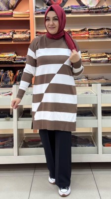 Asimetrik Çizgili Triko Tunik Sütlü Kahve/3216 - Thumbnail