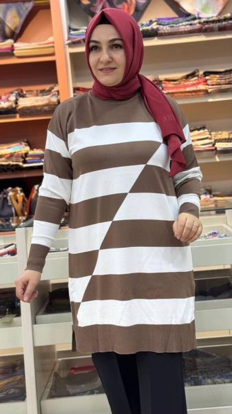 Asimetrik Çizgili Triko Tunik Sütlü Kahve/3216