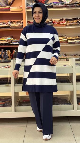 Asimetrik Çizgili Triko Tunik Lacivert/3216