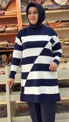 Asimetrik Çizgili Triko Tunik Lacivert/3216 - Thumbnail