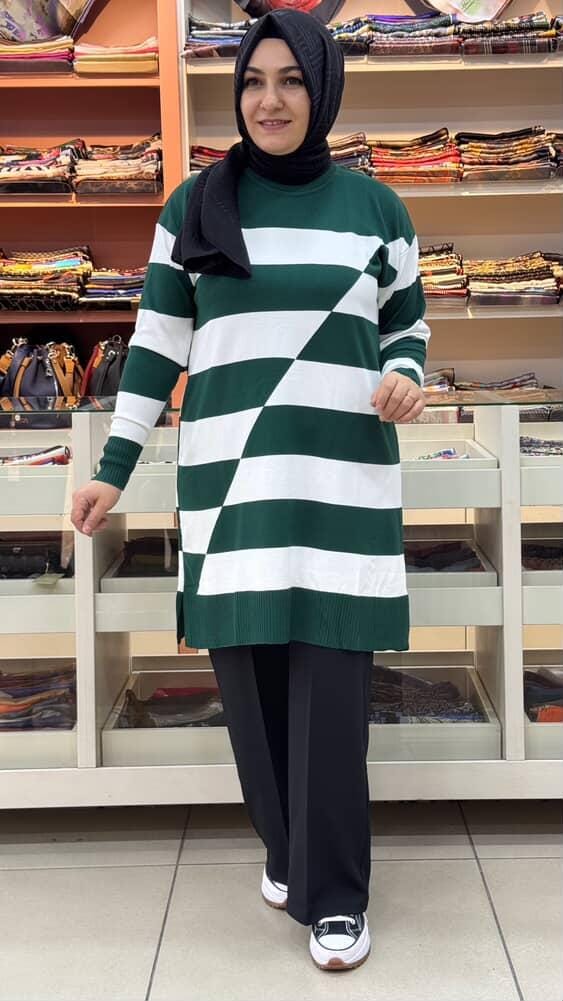  - Asimetrik Çizgili Triko Tunik Zümrüt/3216