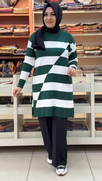 Asimetrik Çizgili Triko Tunik Zümrüt/3216