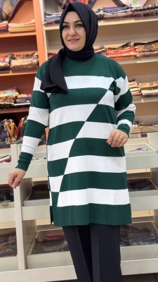 Asimetrik Çizgili Triko Tunik Zümrüt/3216 - Thumbnail