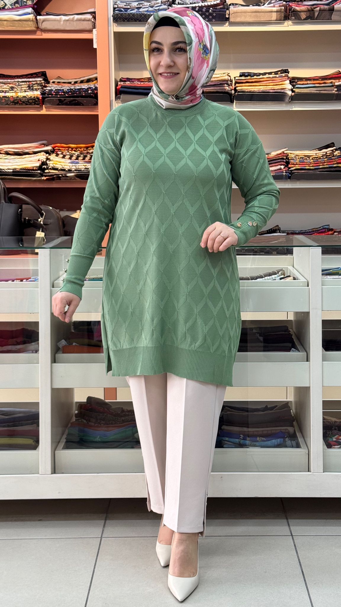 İnza Moda - Baklava Desen Triko Tunik Yeşil/3288