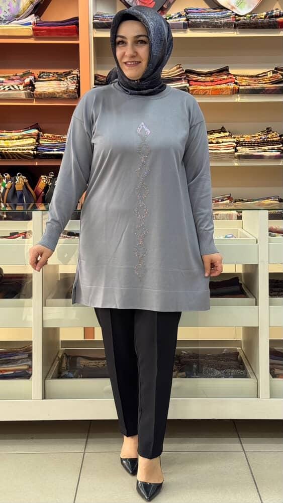  - Baklava Desen Triko Tunik Gri/3212
