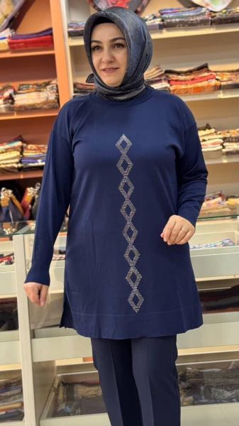 Baklava Desen Triko Tunik Lacivert/3212
