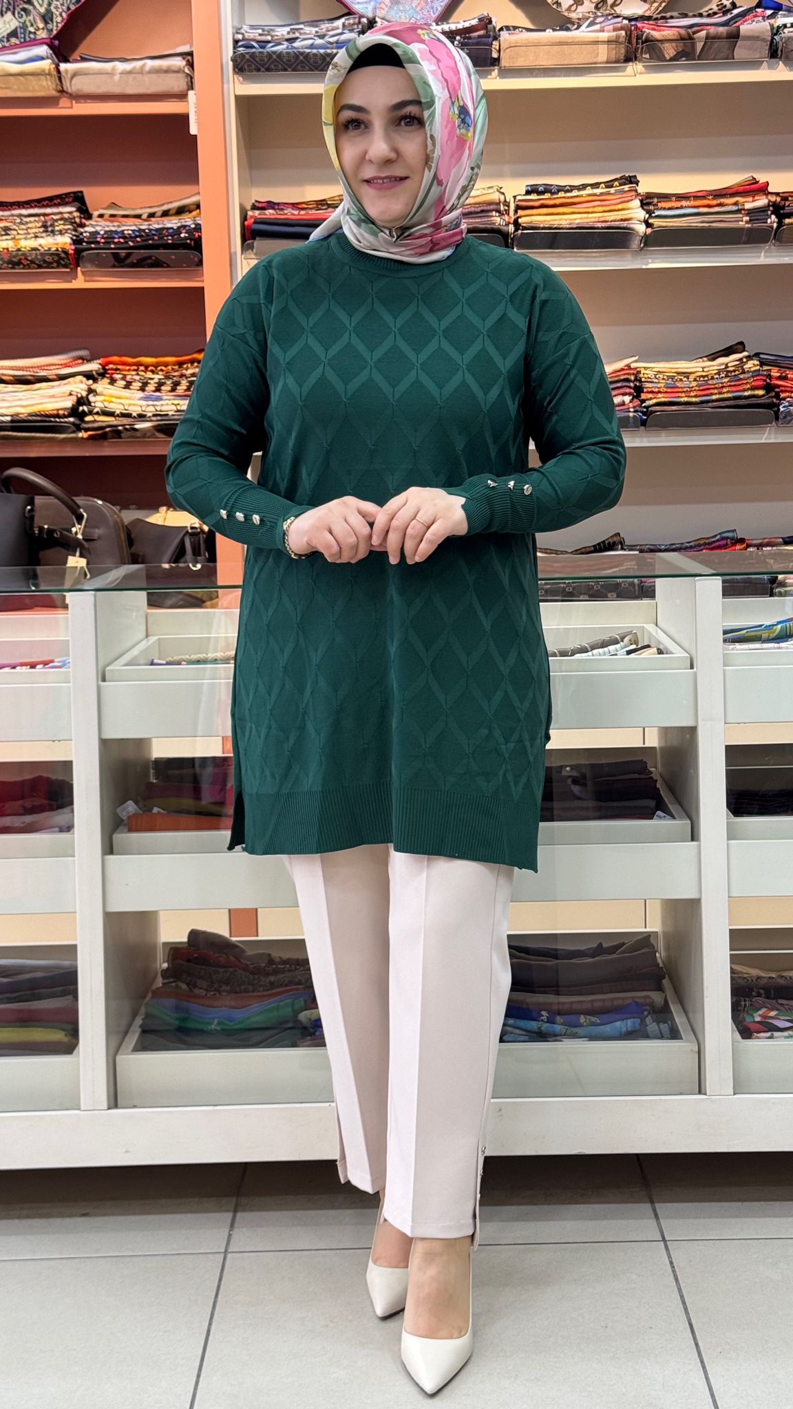 İnza Moda - Baklava Desen Triko Tunik Zümrüt/3288