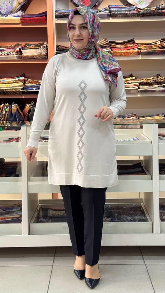  - Baklava Desen Triko Tunik Krem/3212