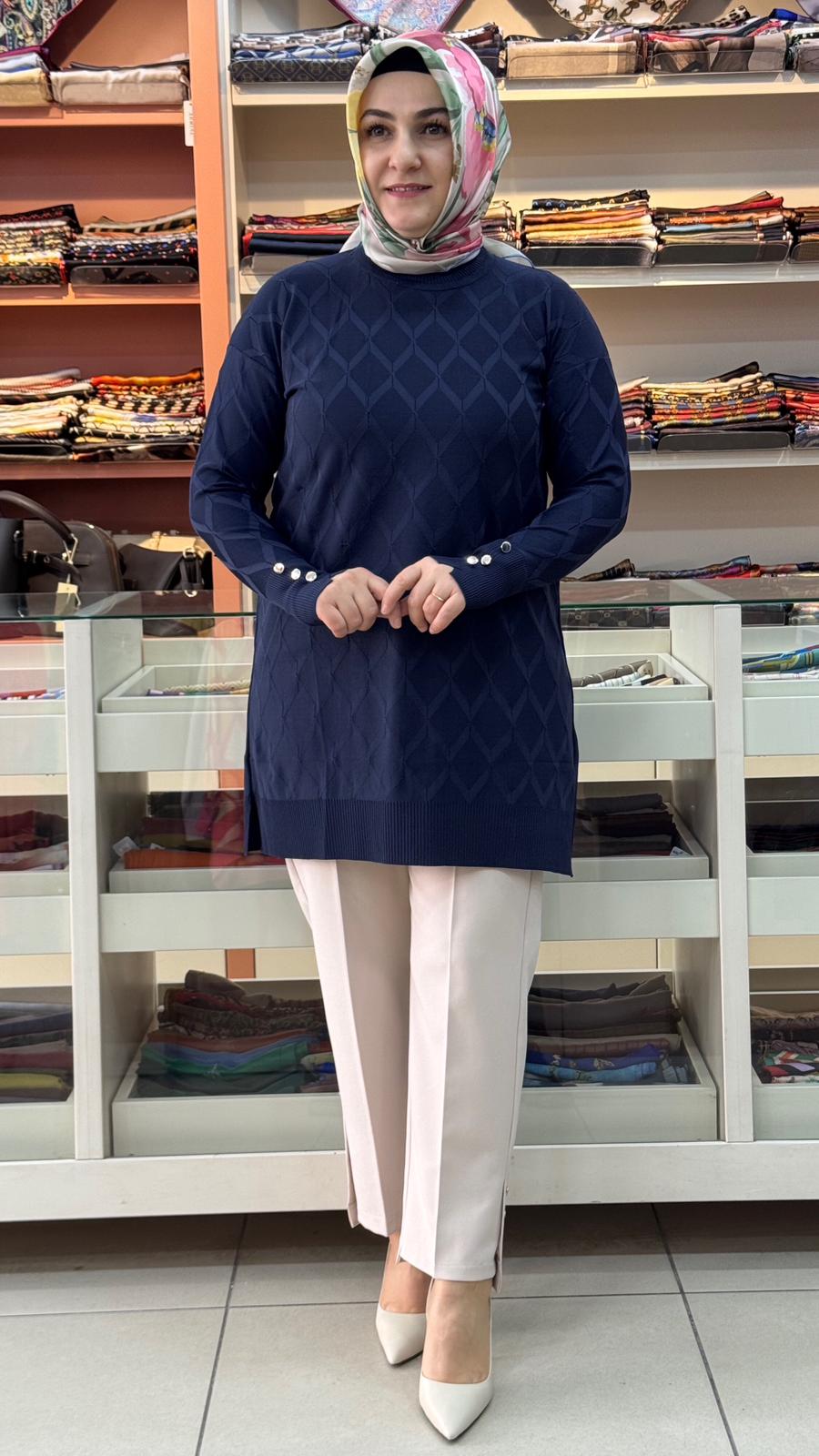 İnza Moda - Baklava Desen Triko Tunik Lacivert/3288