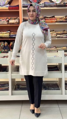 Baklava Desen Triko Tunik Krem/3212 - Thumbnail