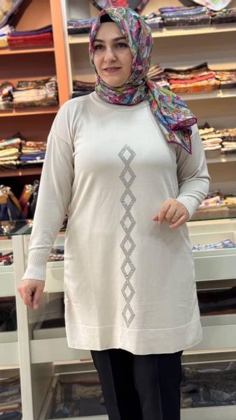Baklava Desen Triko Tunik Krem/3212