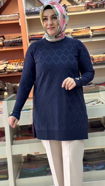 Baklava Desen Triko Tunik Lacivert/3288