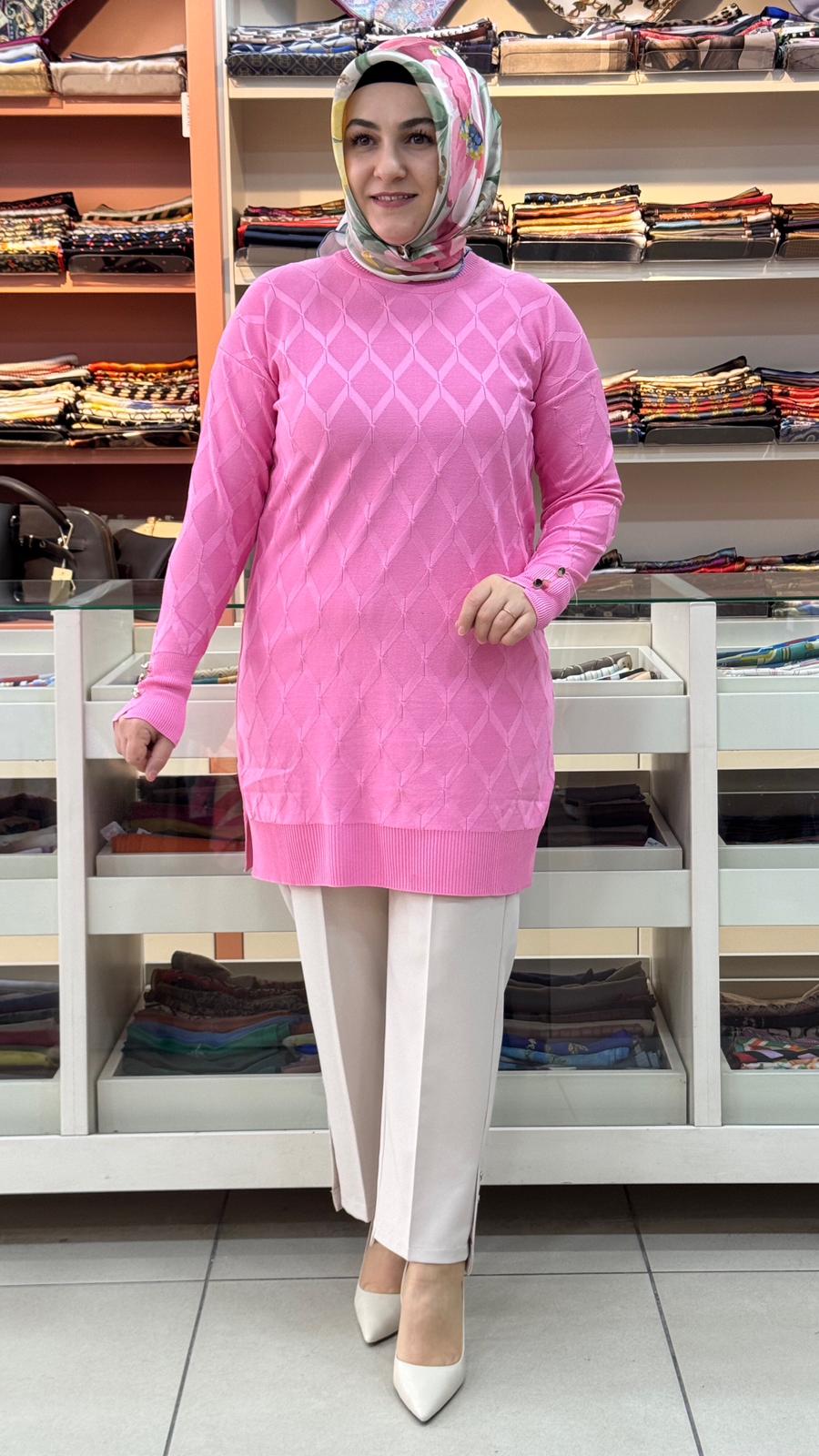 İnza Moda - Baklava Desen Triko Tunik Pembe/3288
