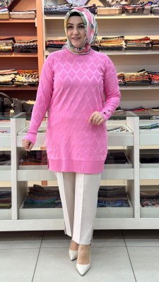 Baklava Desen Triko Tunik Pembe/3288 - Thumbnail